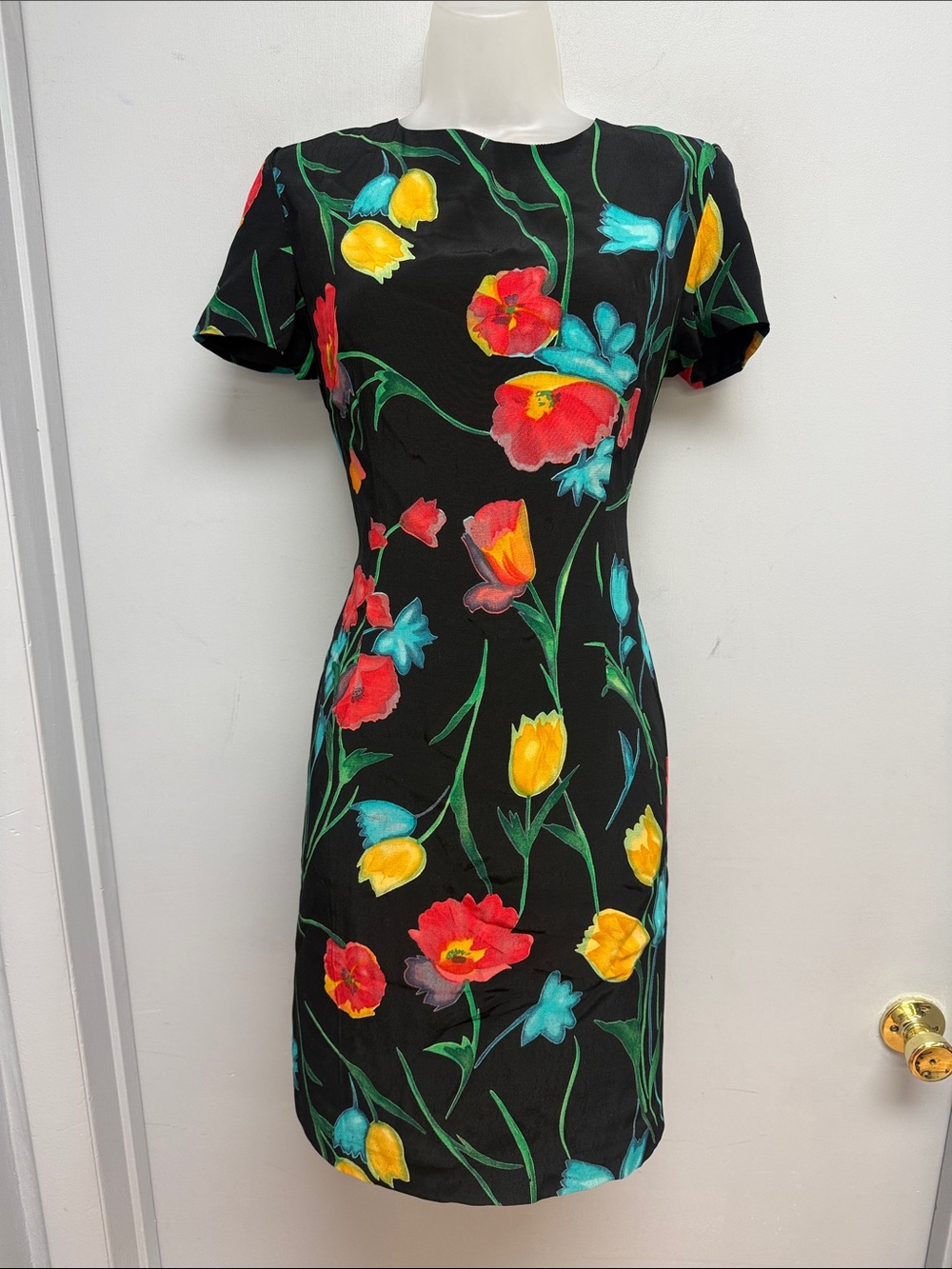 John Roberts Vintage Floral Shift Dress Black Multicolor Tulip Print Size 8
